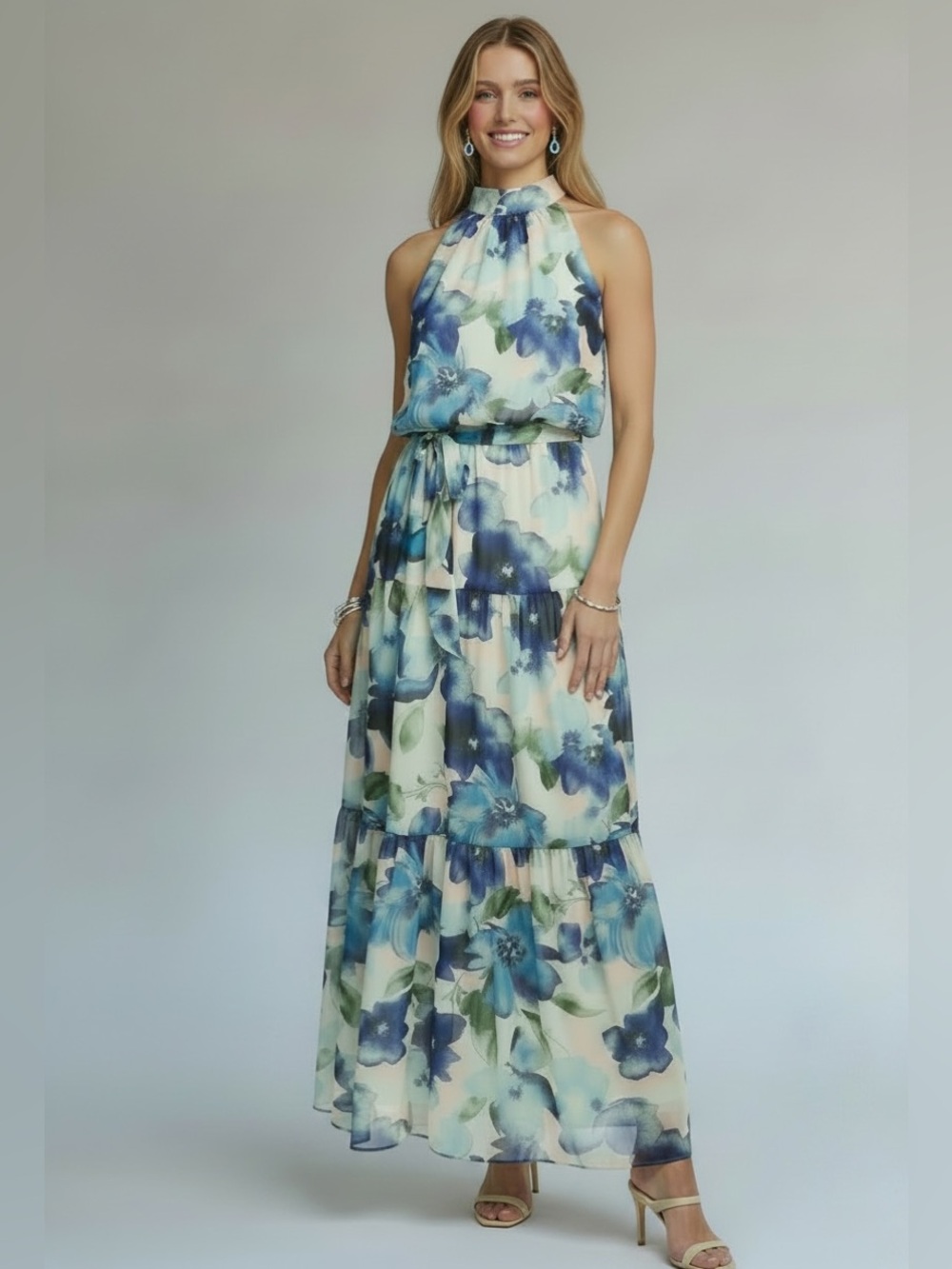 NWT JULIA JORDAN Floral Sleeveless Halter Neck Tiered Ruffle Maxi Dress Size 6